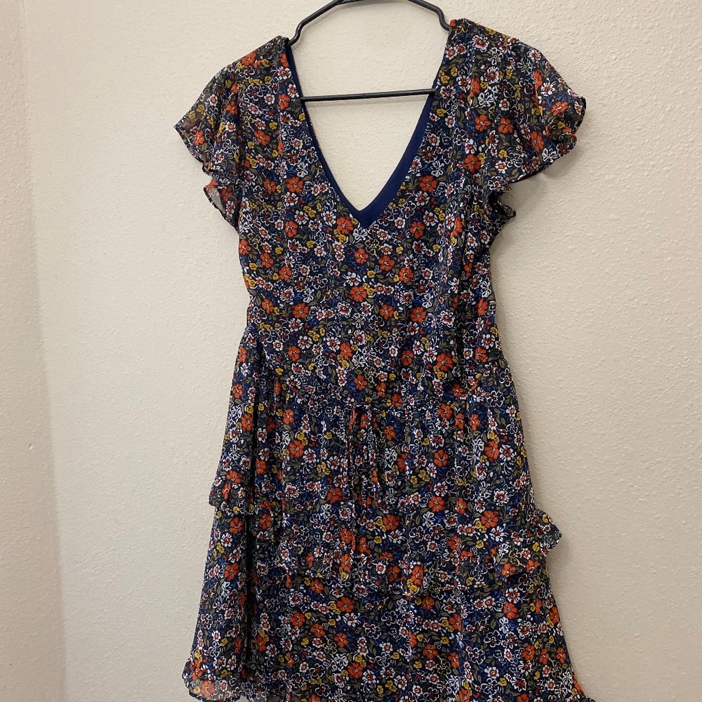 By & By Blue Floral V Neck Short Sleeve Dress Ruffled Skirt XL